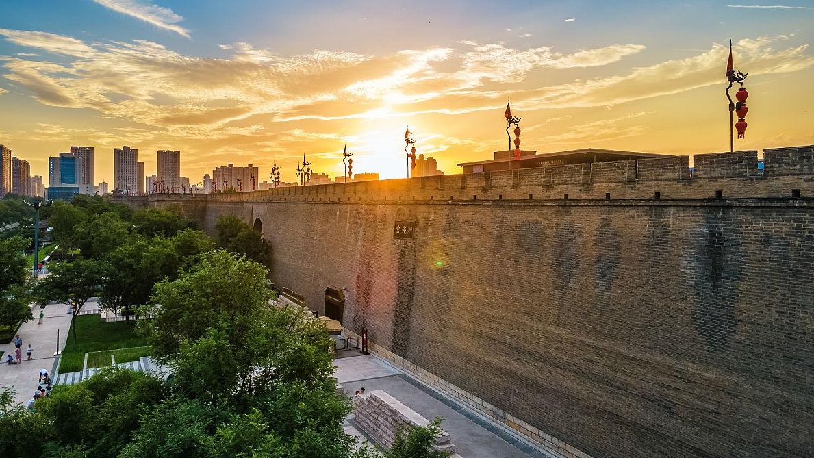 Xi'an city wall bike ride ancient stone wall sunse